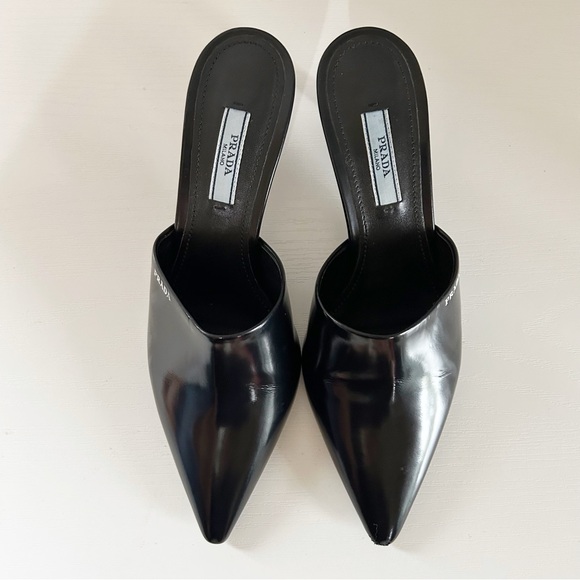 Prada Black Leather Kitten Heel Mules Pointed Toe Logo Size EU 36.5 - Picture 3 of 12